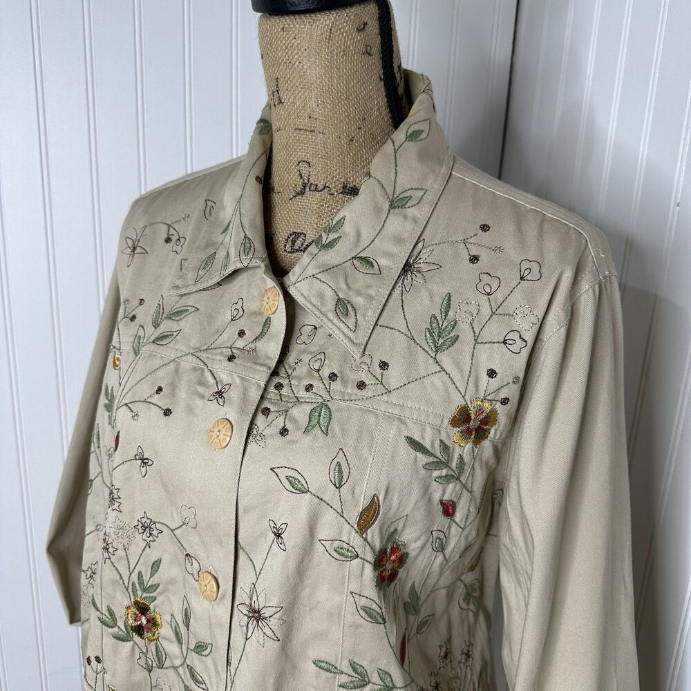 Tantrums Embroidered Floral Khaki‎ Jacket Size XL Vintage Fall Cottagecore Boho - Picture 2 of 16